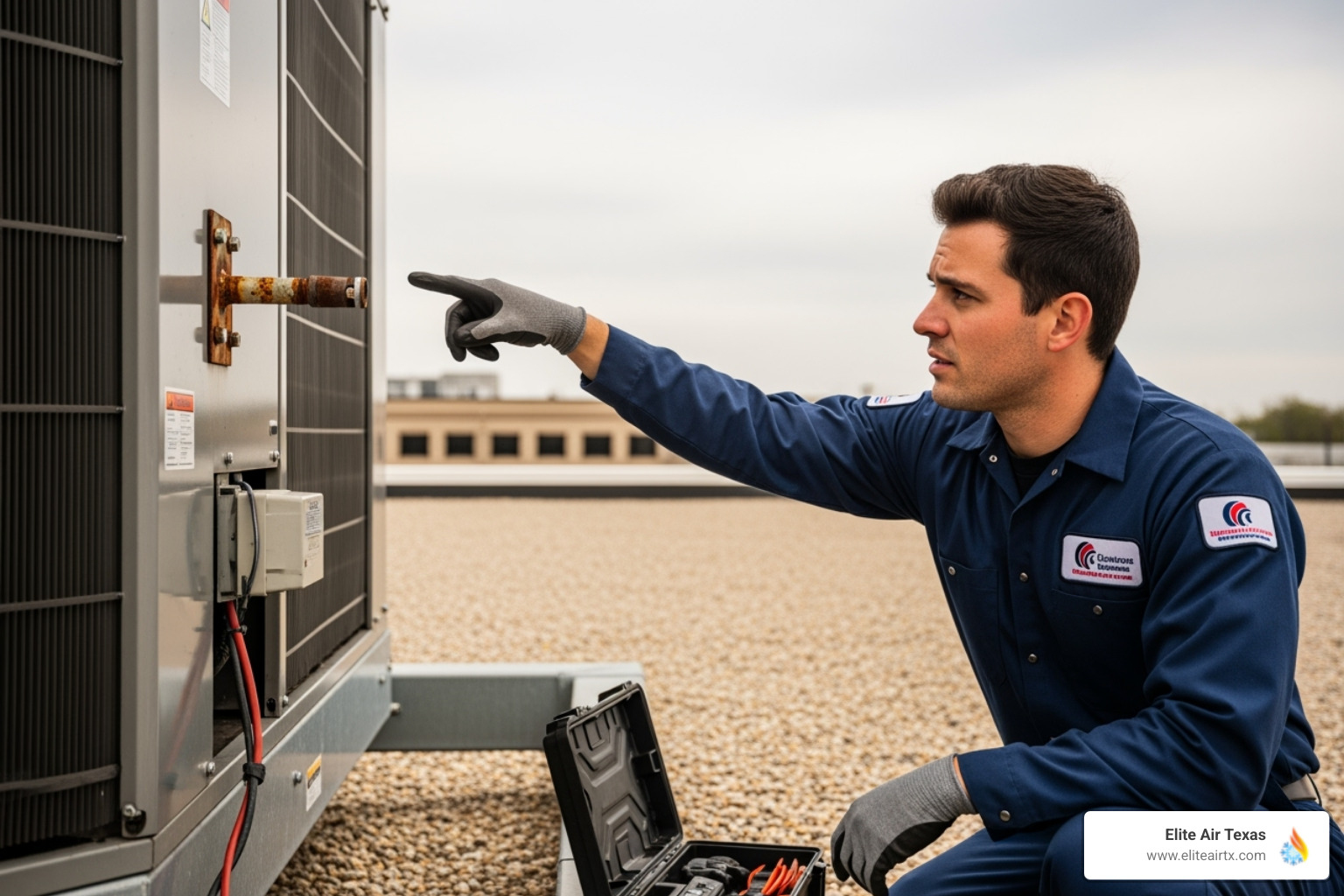 HVAC technician pointing to a problem on a commercial unit - commercial hvac maintenance celina