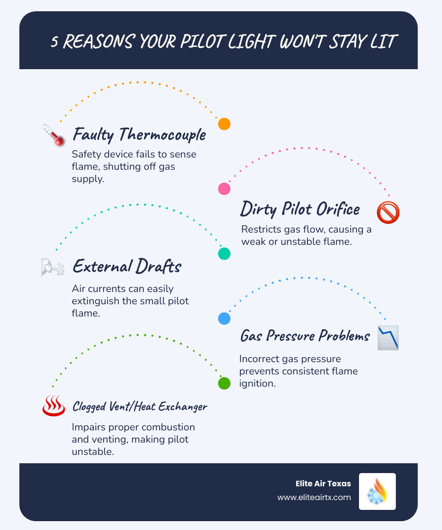 Infographic showing the five main reasons a furnace pilot light won't stay lit: faulty thermocouple preventing gas flow, dirty pilot orifice restricting flame, drafts blowing out the flame, gas pressure problems, and clogged heat exchanger affecting ventilation, with simple icons for each cause - "My furnace pilot light won't stay lit. I need to find a furnace repair company in Granbury." infographic infographic-line-5-steps-blues-accent_colors