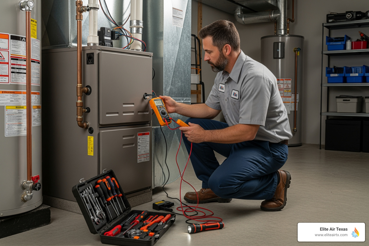 Technician performing furnace maintenance - "My furnace pilot light won't stay lit. I need to find a furnace repair company in Granbury."