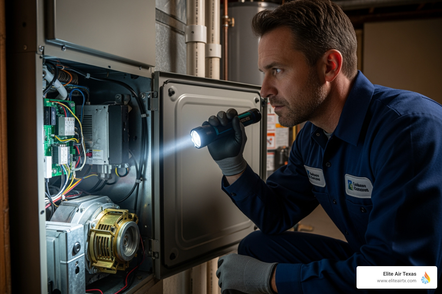 Professional HVAC technician inspecting a furnace - "My furnace pilot light won't stay lit. I need to find a furnace repair company in Granbury."
