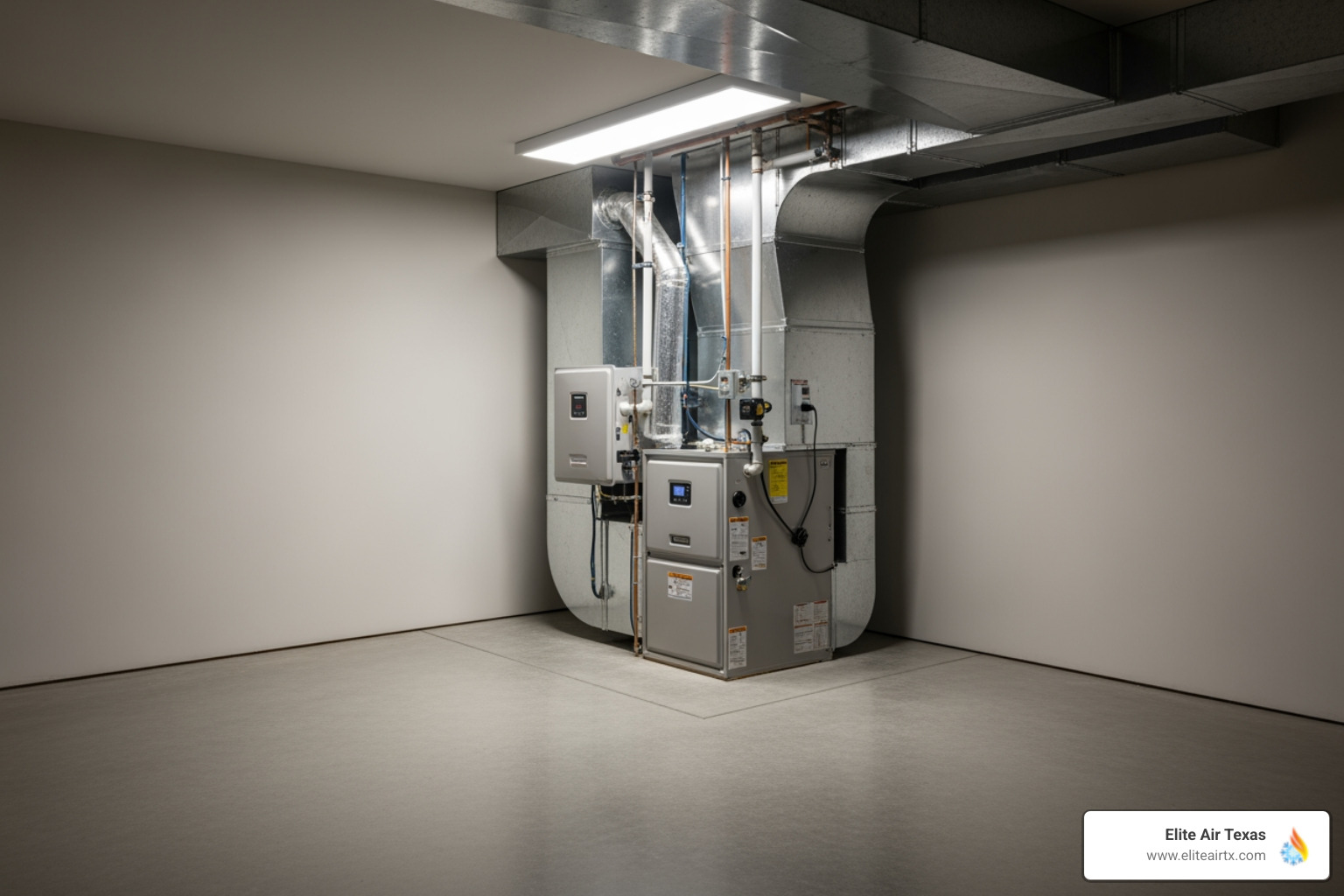 Clear and accessible furnace area in a basement - "My furnace pilot light won't stay lit. I need to find a furnace repair company in Granbury."