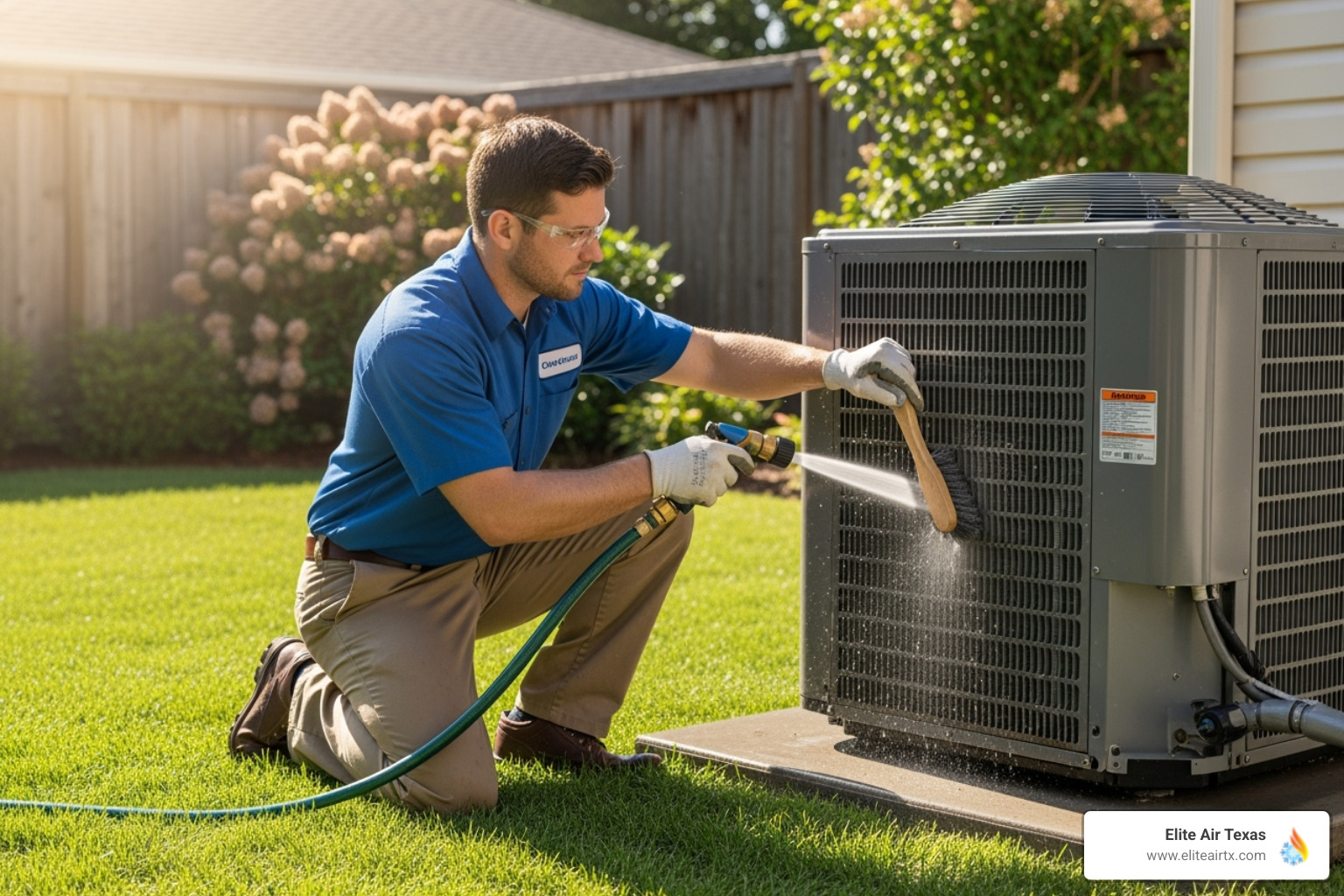 Technician cleaning the coils on an outdoor heat pump unit - air source heat pump plano tx Technician cleaning the coils on an outdoor heat pump unit - air source heat pump plano tx