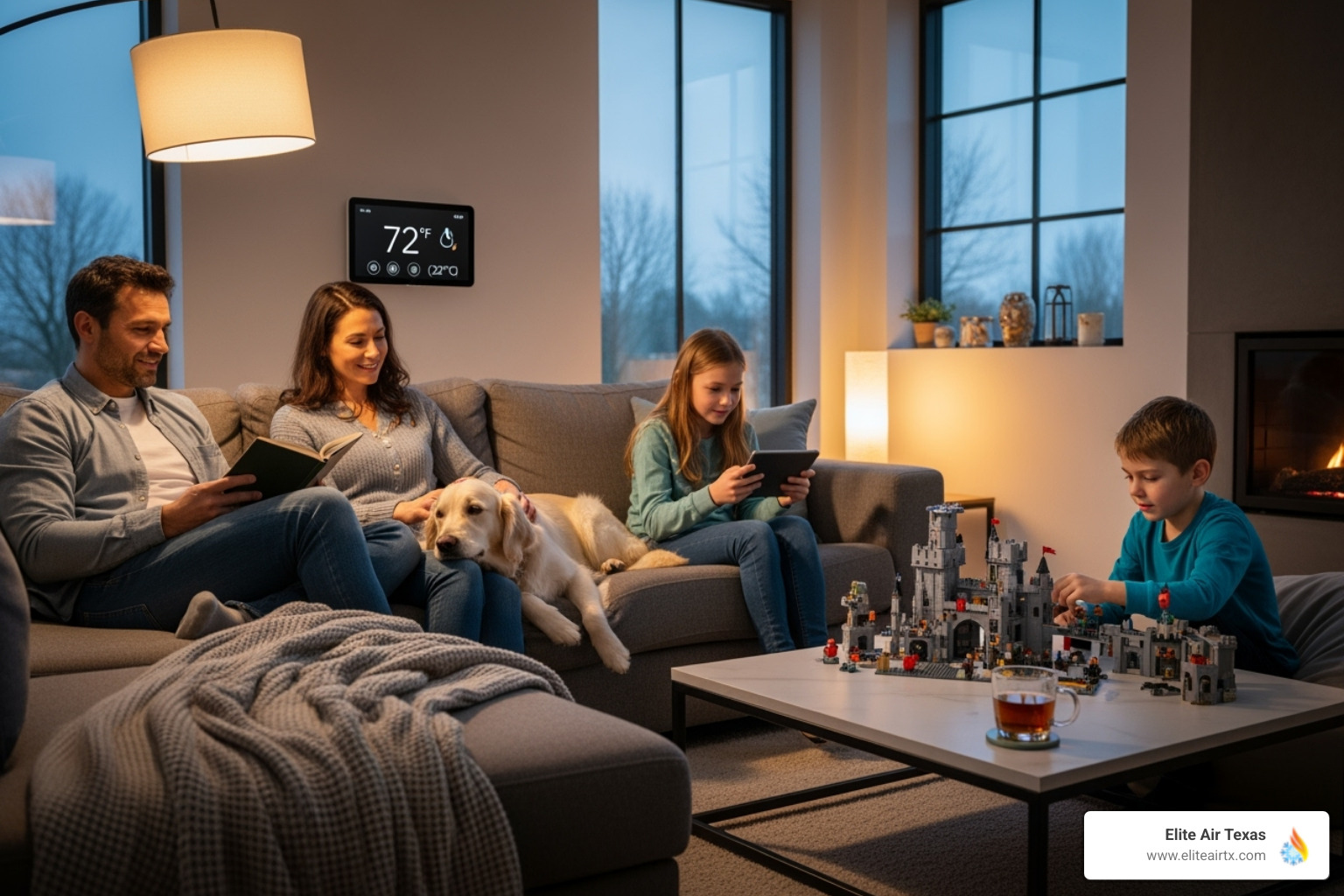 a family comfortably relaxing in their living room - air duct sealing plano tx a family comfortably relaxing in their living room - air duct sealing plano tx