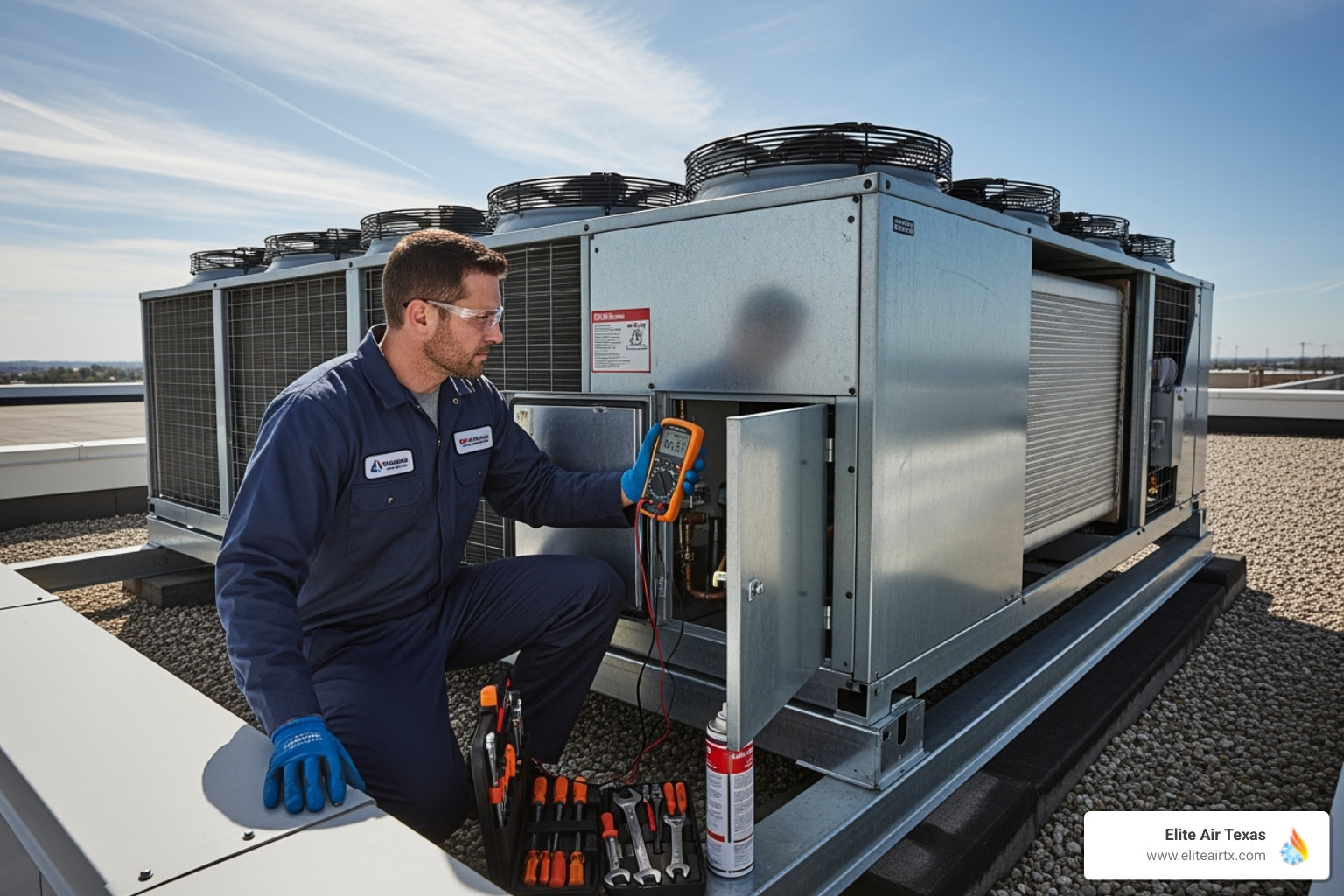 technician performing maintenance on a commercial HVAC unit - commercial hvac repair fort worth tx