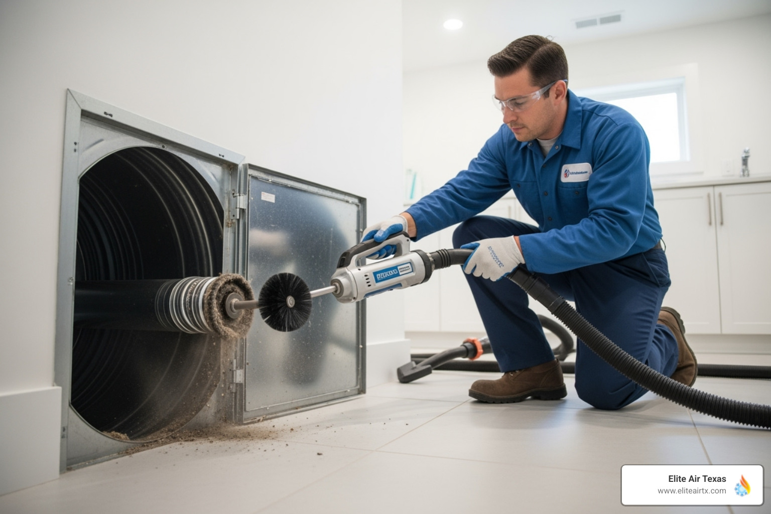a technician using a specialized rotary brush to clean a long vent duct - dryer vent cleaning dallas a technician using a specialized rotary brush to clean a long vent duct - dryer vent cleaning dallas