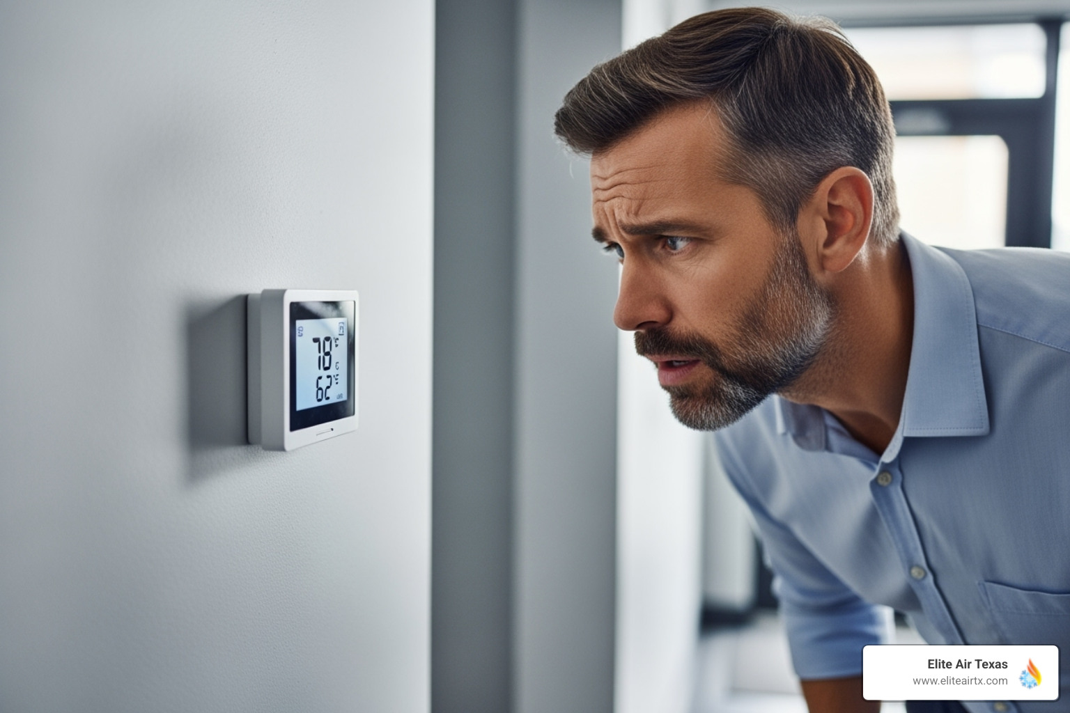 business owner looking concerned at a thermostat - commercial hvac repair frisco tx business owner looking concerned at a thermostat - commercial hvac repair frisco tx