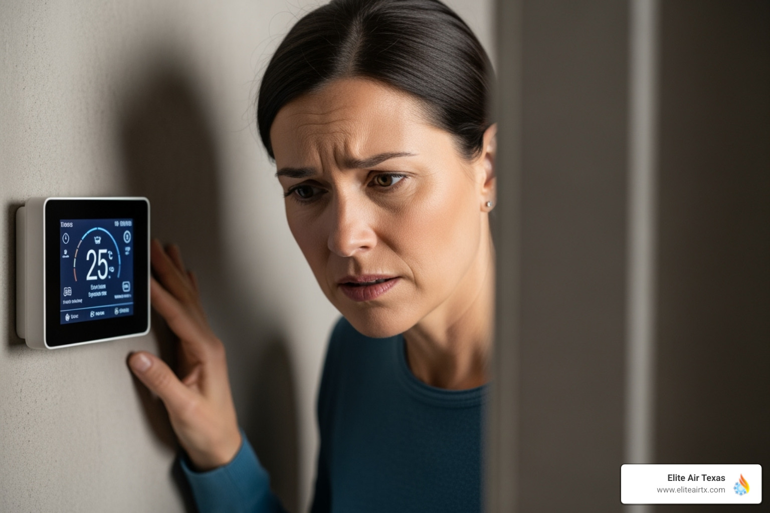 homeowner looking concerned at thermostat - heat pump repair plano tx homeowner looking concerned at thermostat - heat pump repair plano tx