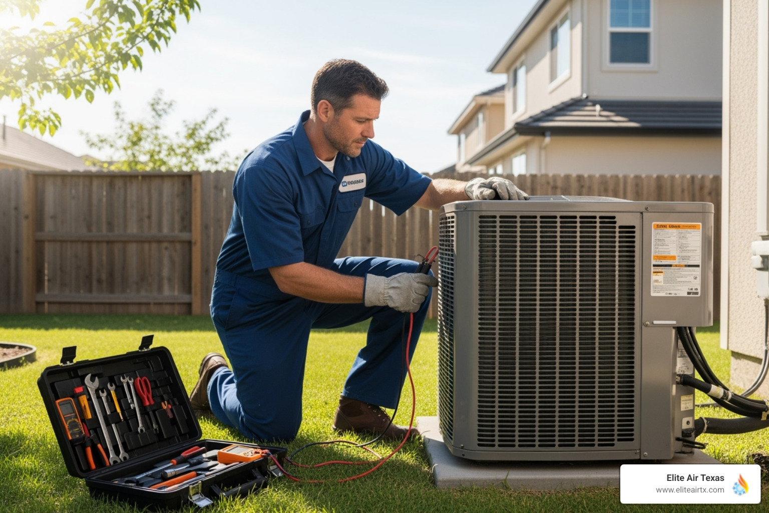 HVAC technician performing maintenance on outdoor unit - heat pump repair plano tx HVAC technician performing maintenance on outdoor unit - heat pump repair plano tx