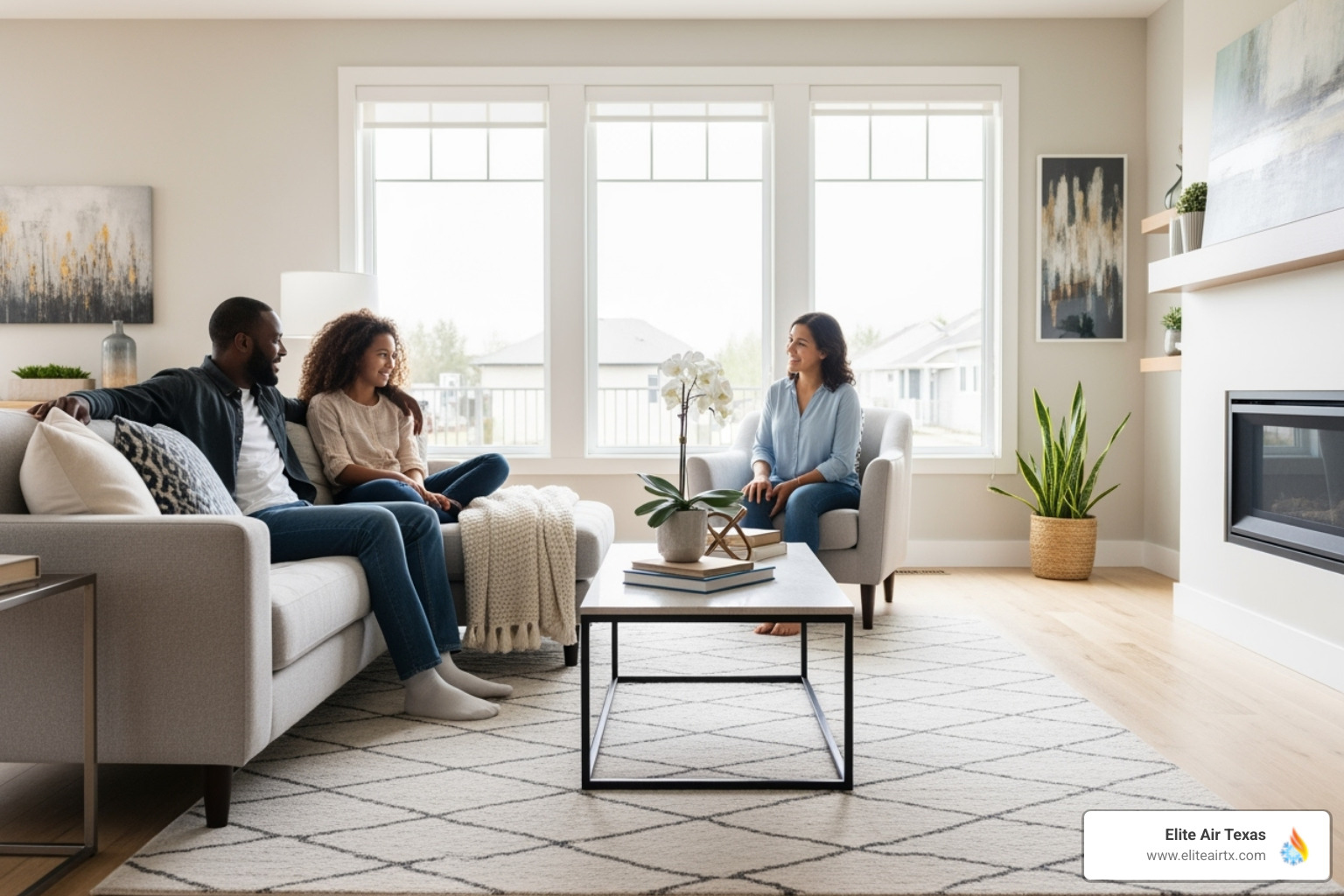 family comfortably enjoying living room in well-tempered home - heat pump repair plano tx family comfortably enjoying living room in well-tempered home - heat pump repair plano tx