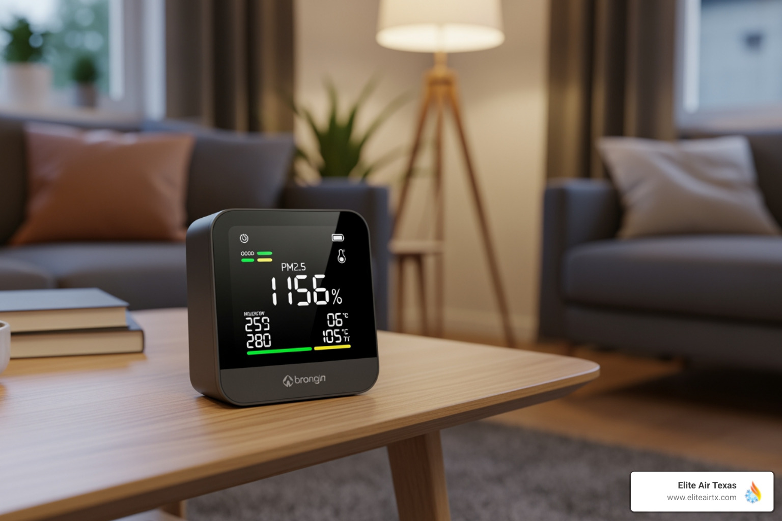 Modern smart air quality monitor on a living room table - Indoor air quality Dallas