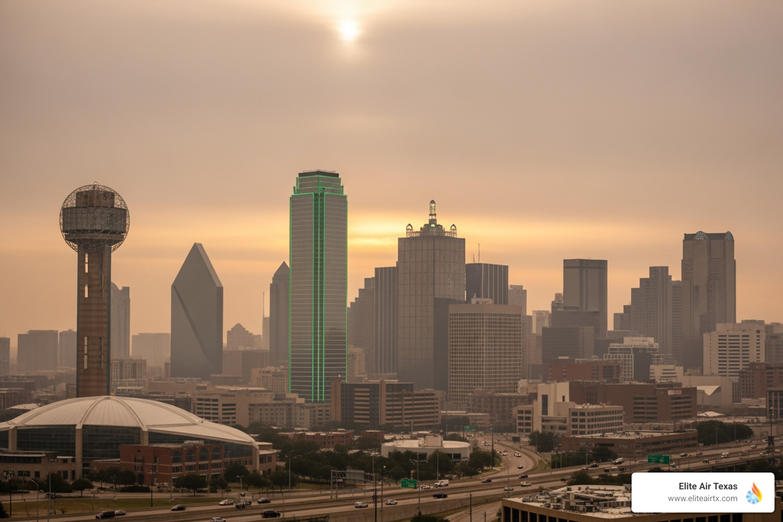 Dallas skyline on a hazy day with visible air pollution - Indoor air quality Dallas