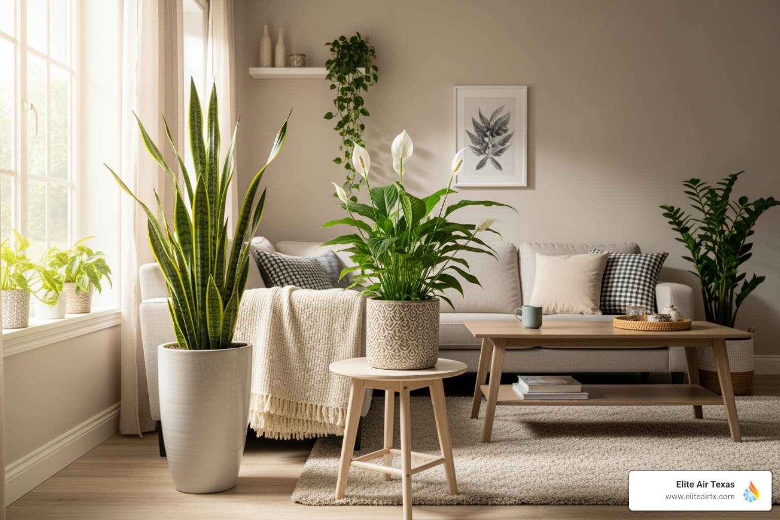 Well-lit room featuring several air-purifying houseplants like a Snake Plant and Peace Lily - Indoor air quality Dallas