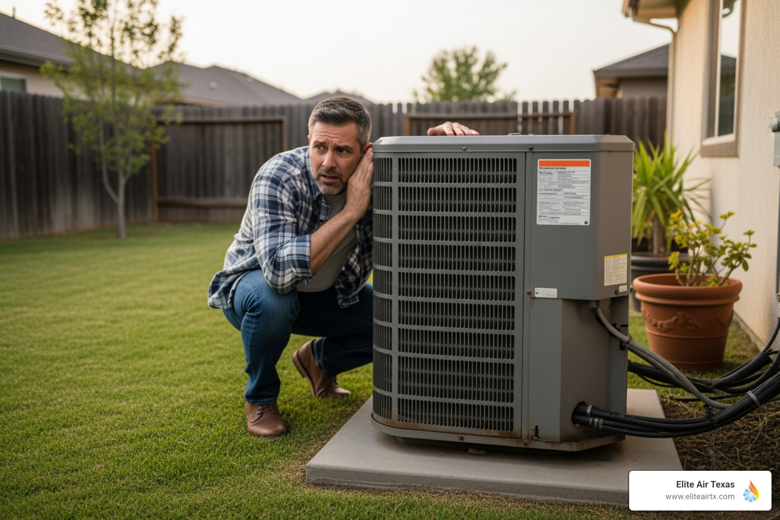 homeowner listening to noisy outdoor AC unit - routine hvac tune up north dallas