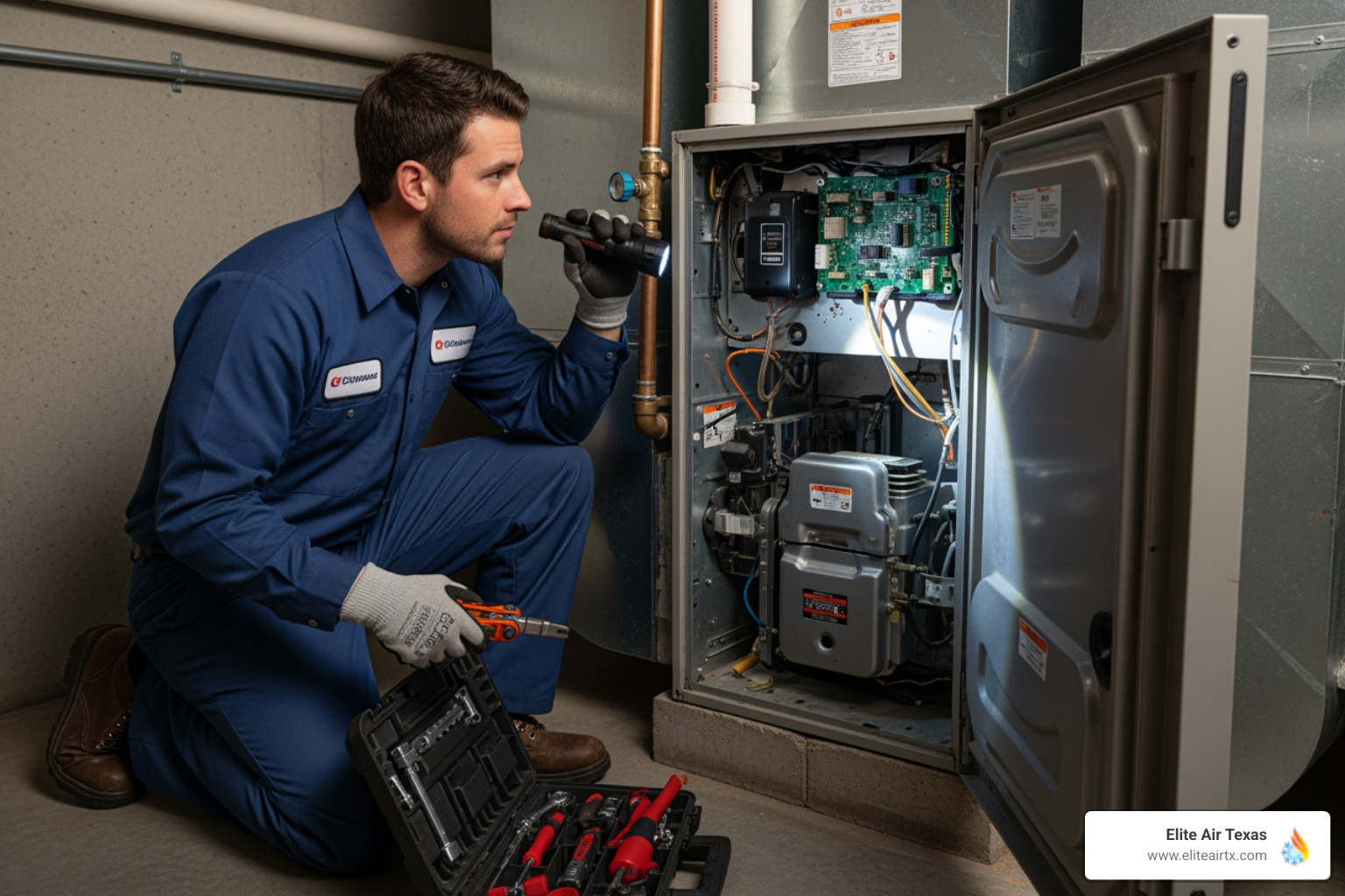 technician inspecting indoor furnace unit - routine hvac tune up north dallas
