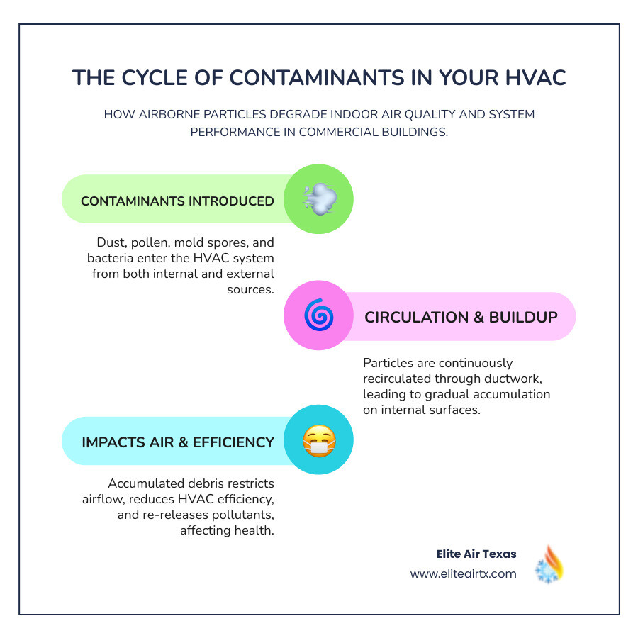 infographic showing how dust, pollen, mold spores, and bacteria circulate through a commercial HVAC system and accumulate in ductwork over time, affecting indoor air quality and system efficiency - commercial duct cleaning frisco infographic infographic-line-3-steps-colors
