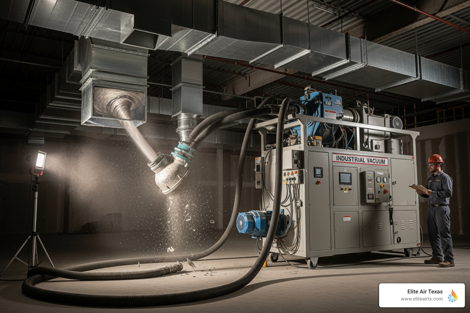 powerful vacuum system connected to commercial ductwork - commercial duct cleaning frisco