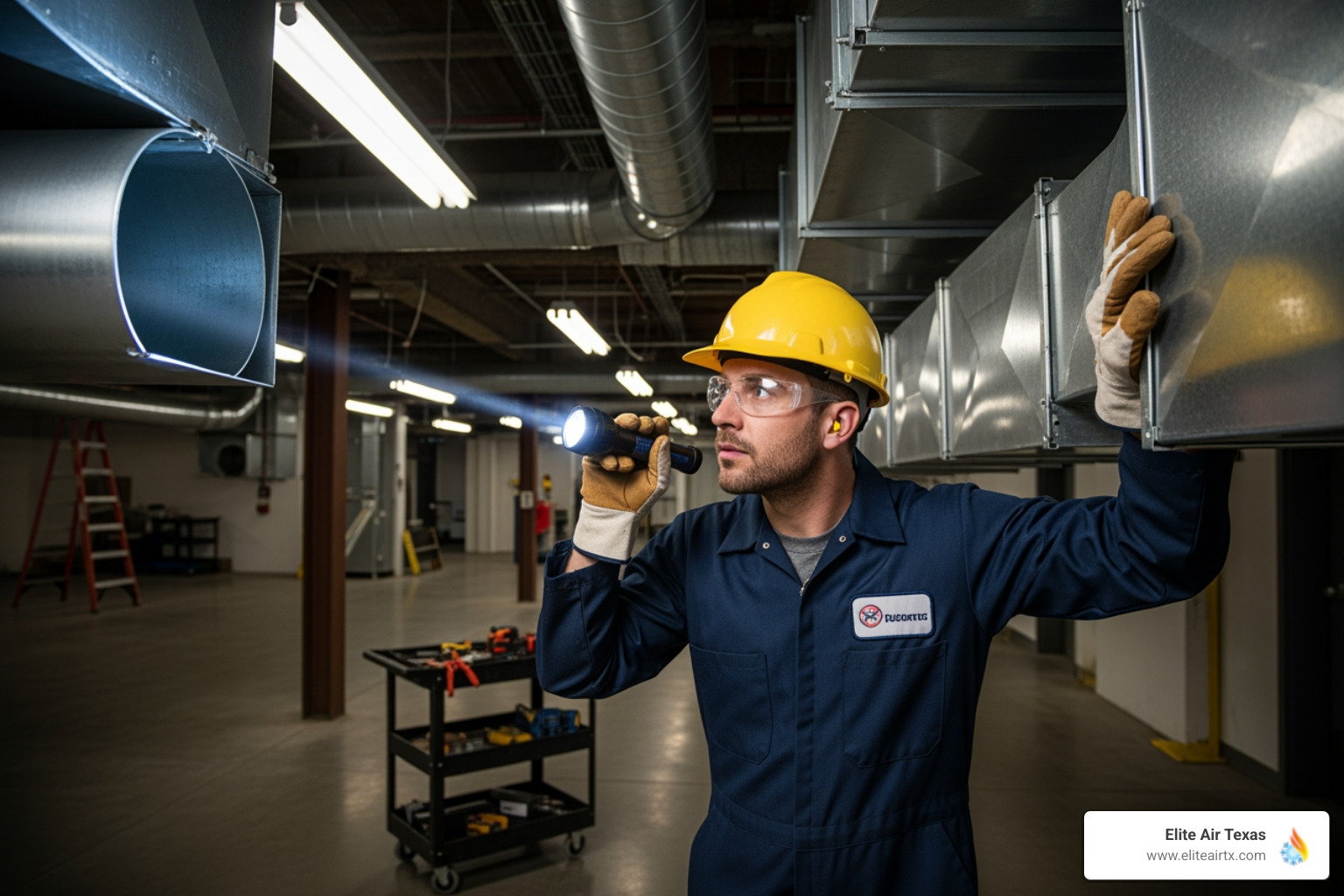 technician inspecting a large commercial air duct - commercial duct cleaning frisco