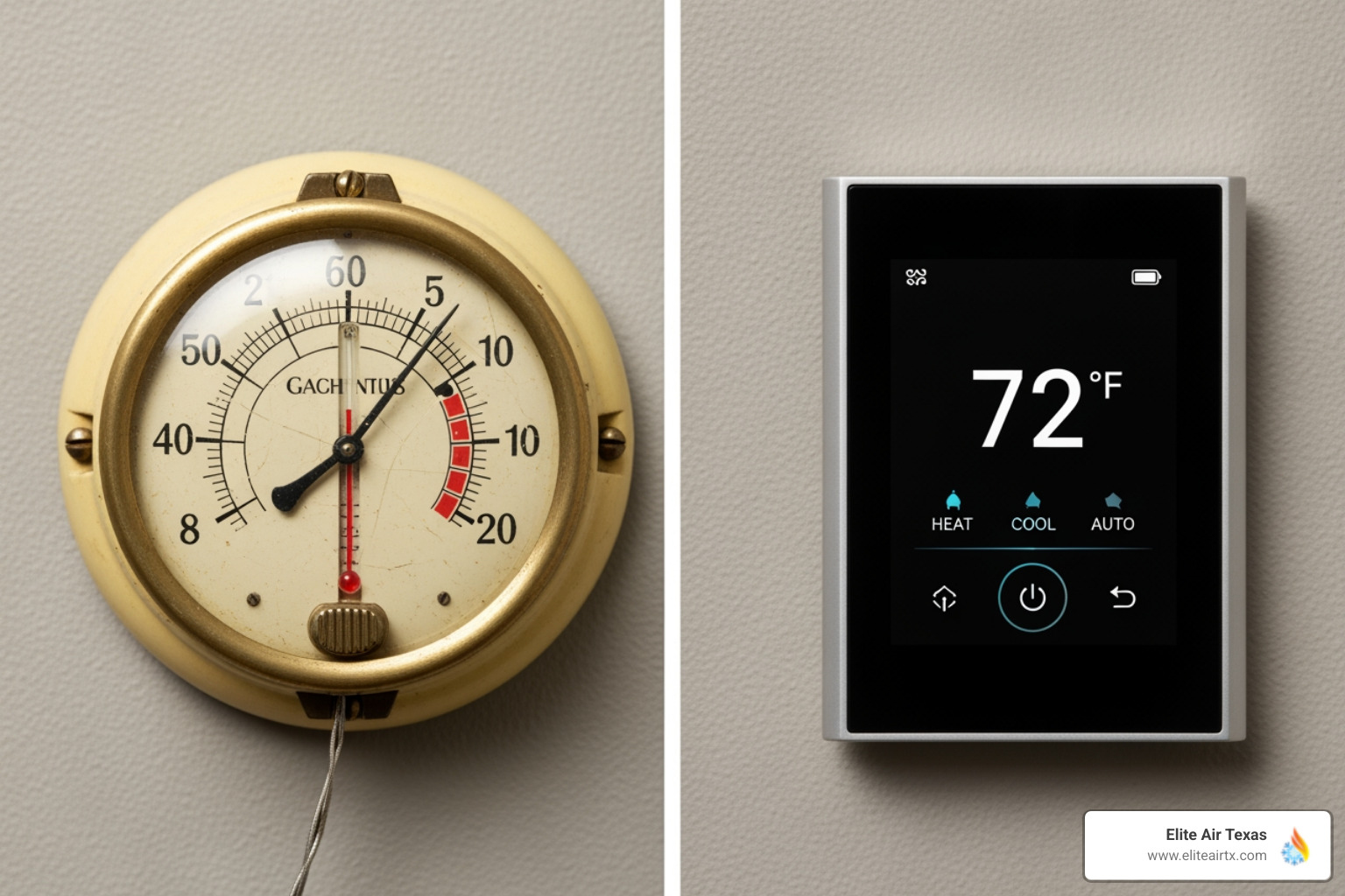 An old, yellowed dial thermostat next to a sleek, modern smart thermostat - thermostat install near me