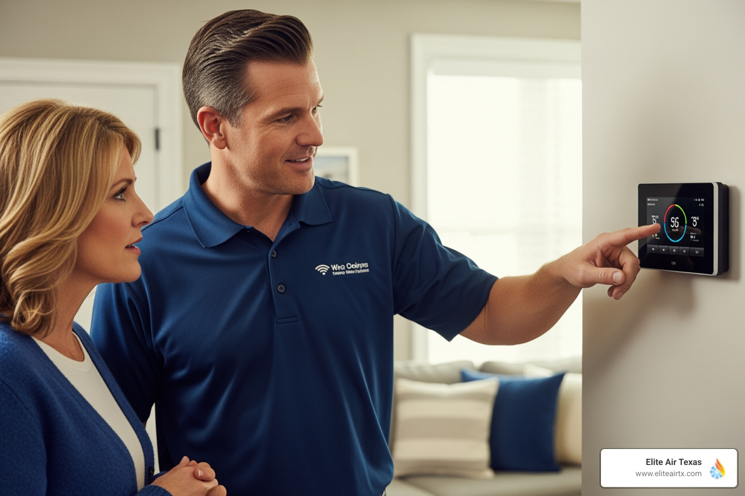 A technician showing a homeowner how to use their new smart thermostat - thermostat install near me