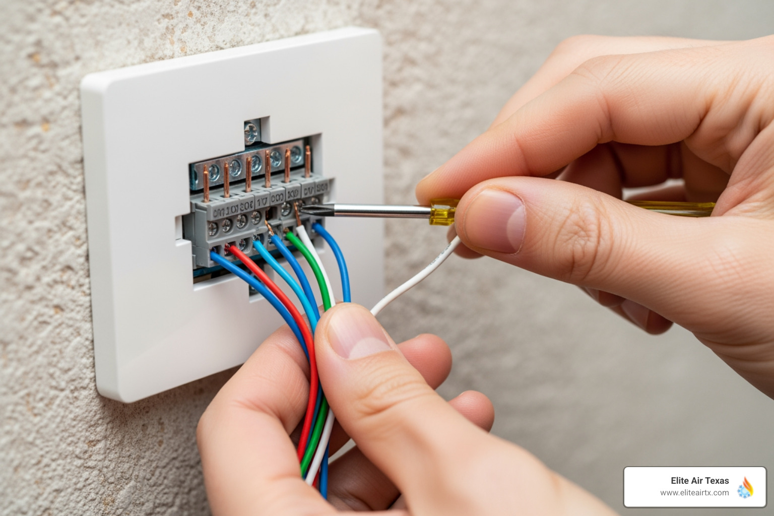 A technician's hands safely connecting wires to a thermostat base plate - thermostat install near me