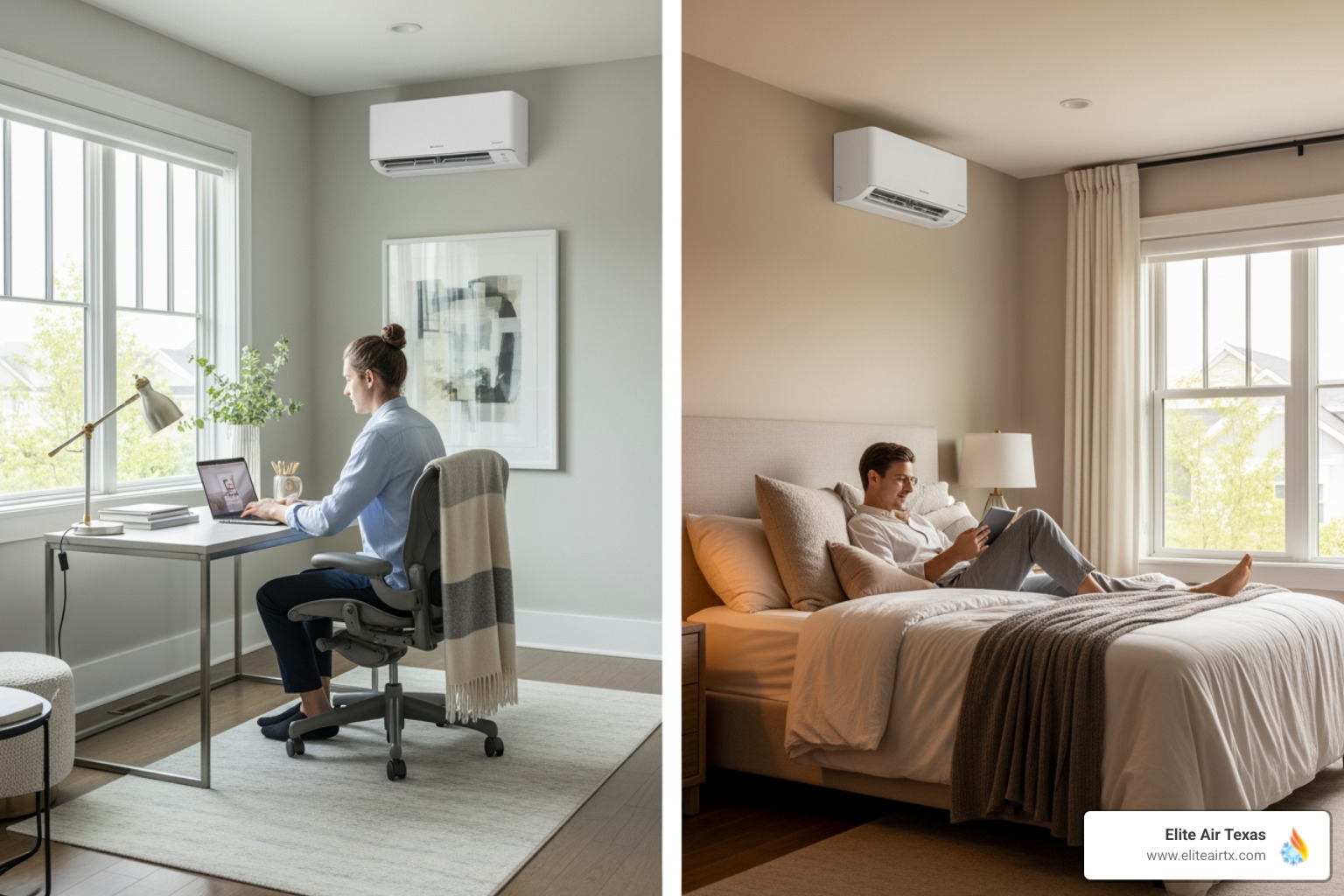 Image of two people in different rooms of a modern Allen home, one in a home office with a comfortable temperature, and another in a bedroom enjoying their preferred cooler temperature, both with sleek indoor mini-split units visible - dual zone heat pump allen tx Image of two people in different rooms of a modern Allen home, one in a home office with a comfortable temperature, and another in a bedroom enjoying their preferred cooler temperature, both with sleek indoor mini-split units visible - dual zone heat pump allen tx