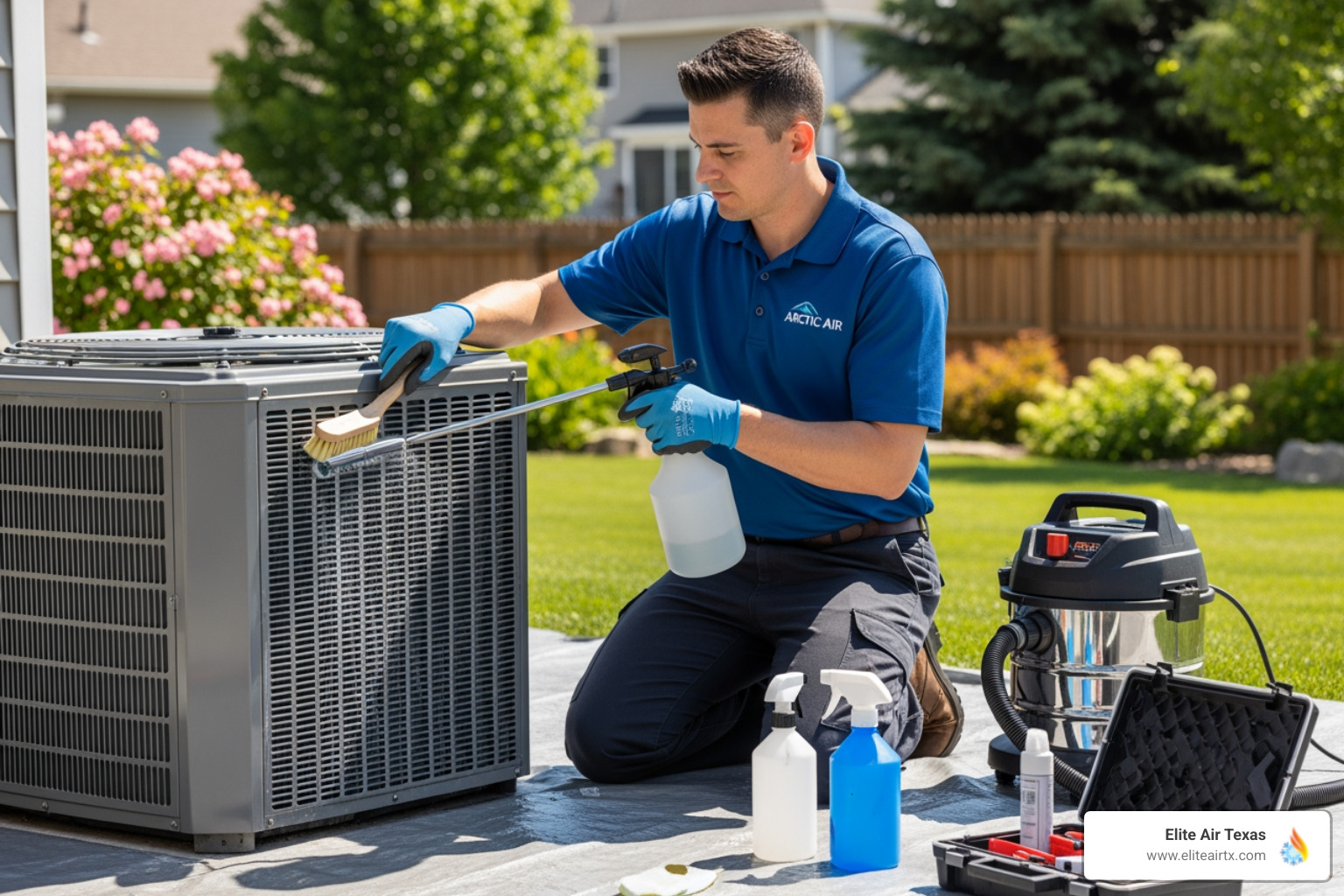 certified technician cleaning outdoor condenser unit - seasonal ac tune up frisco certified technician cleaning outdoor condenser unit - seasonal ac tune up frisco