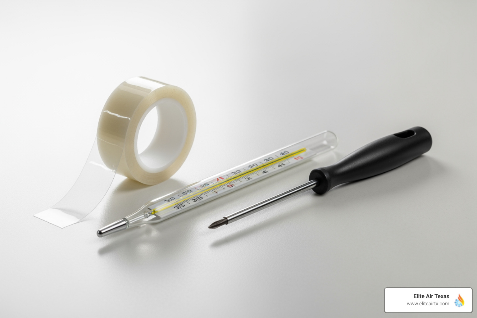 Image of the tools needed for thermostat calibration, such as a glass thermometer, tape, and a small screwdriver - thermostat calibration mckinney tx Image of the tools needed for thermostat calibration, such as a glass thermometer, tape, and a small screwdriver - thermostat calibration mckinney tx