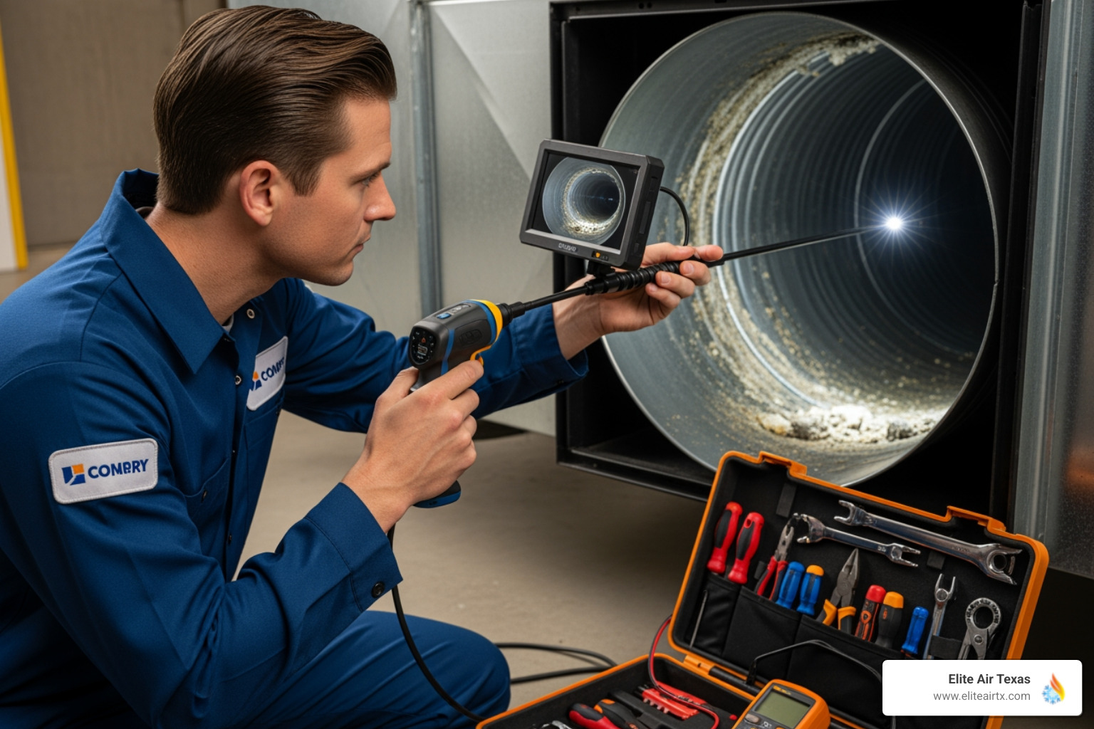 A technician using a video inspection camera to examine the interior of a duct system - ductwork inspection prosper