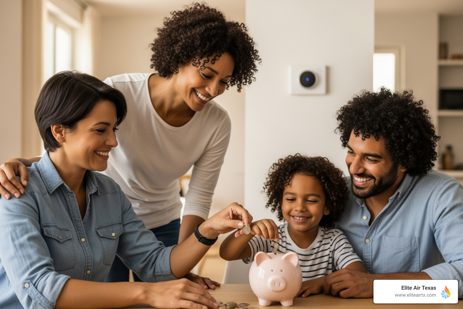 family saving money on an energy bill with a piggy bank and a thermostat in the background - zoned hvac control prosper