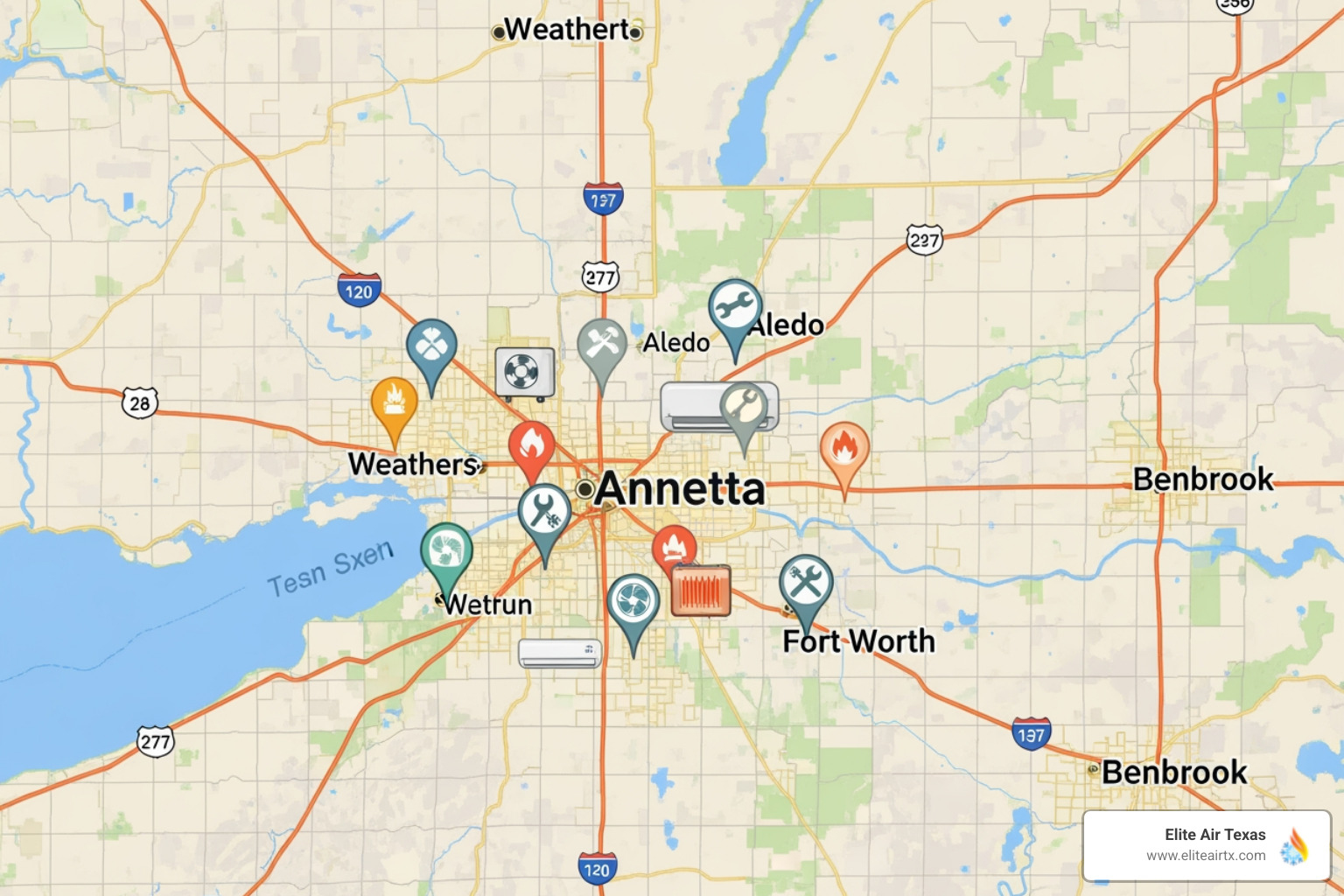 infographic showing benefits of choosing the right HVAC provider in Annetta TX including verified licensing checkmark, 24/7 emergency support icon, comprehensive service offerings list, local expertise badge, customer reviews stars, and warranty protection shield with arrows pointing to central home comfort symbol - "Find HVAC service providers near Annetta, TX."