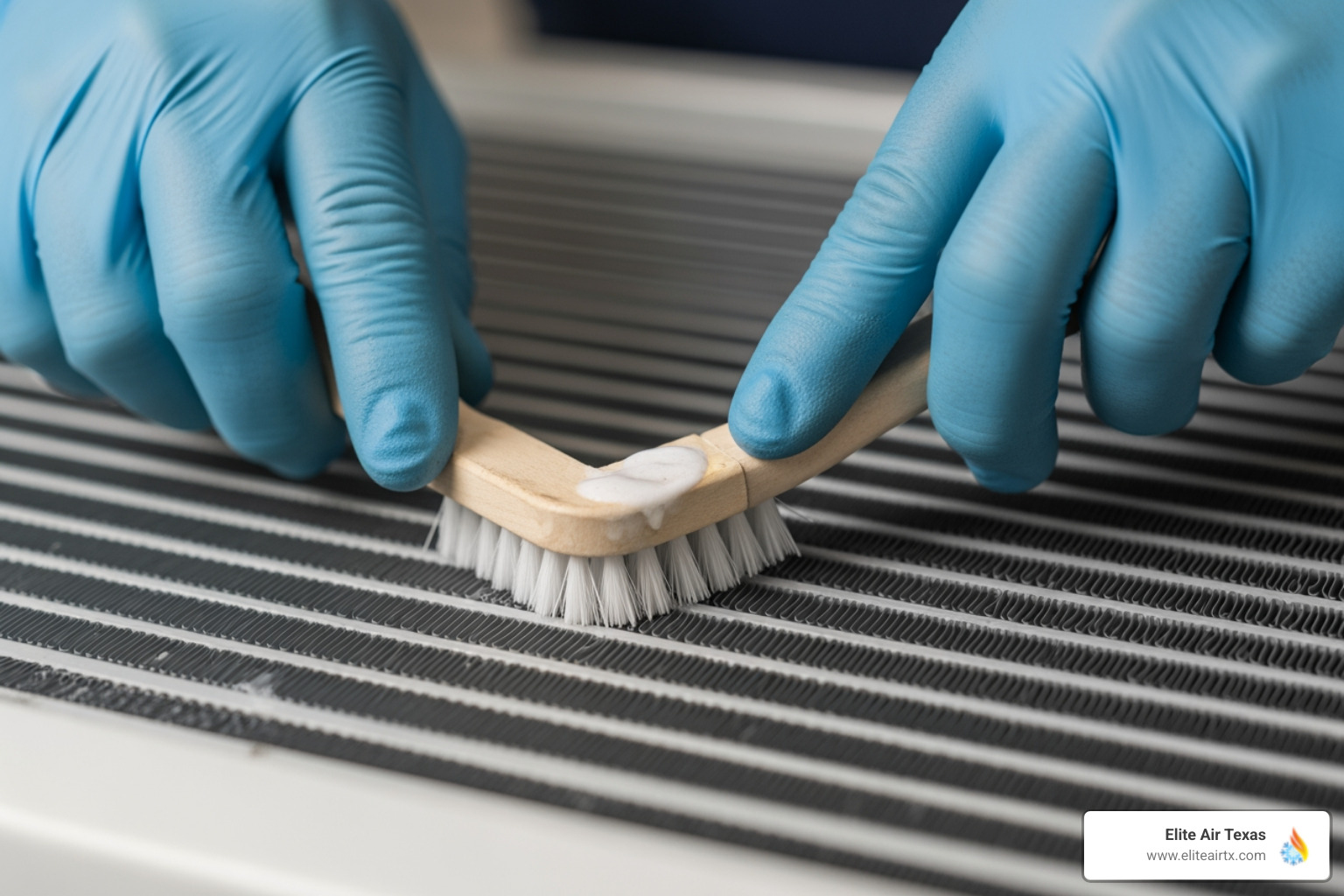 A close-up image of a skilled HVAC technician's hands, wearing gloves, carefully cleaning the delicate fins of an indoor evaporator coil with a soft brush and specialized cleaning solution - heat pump maintenance prosper
