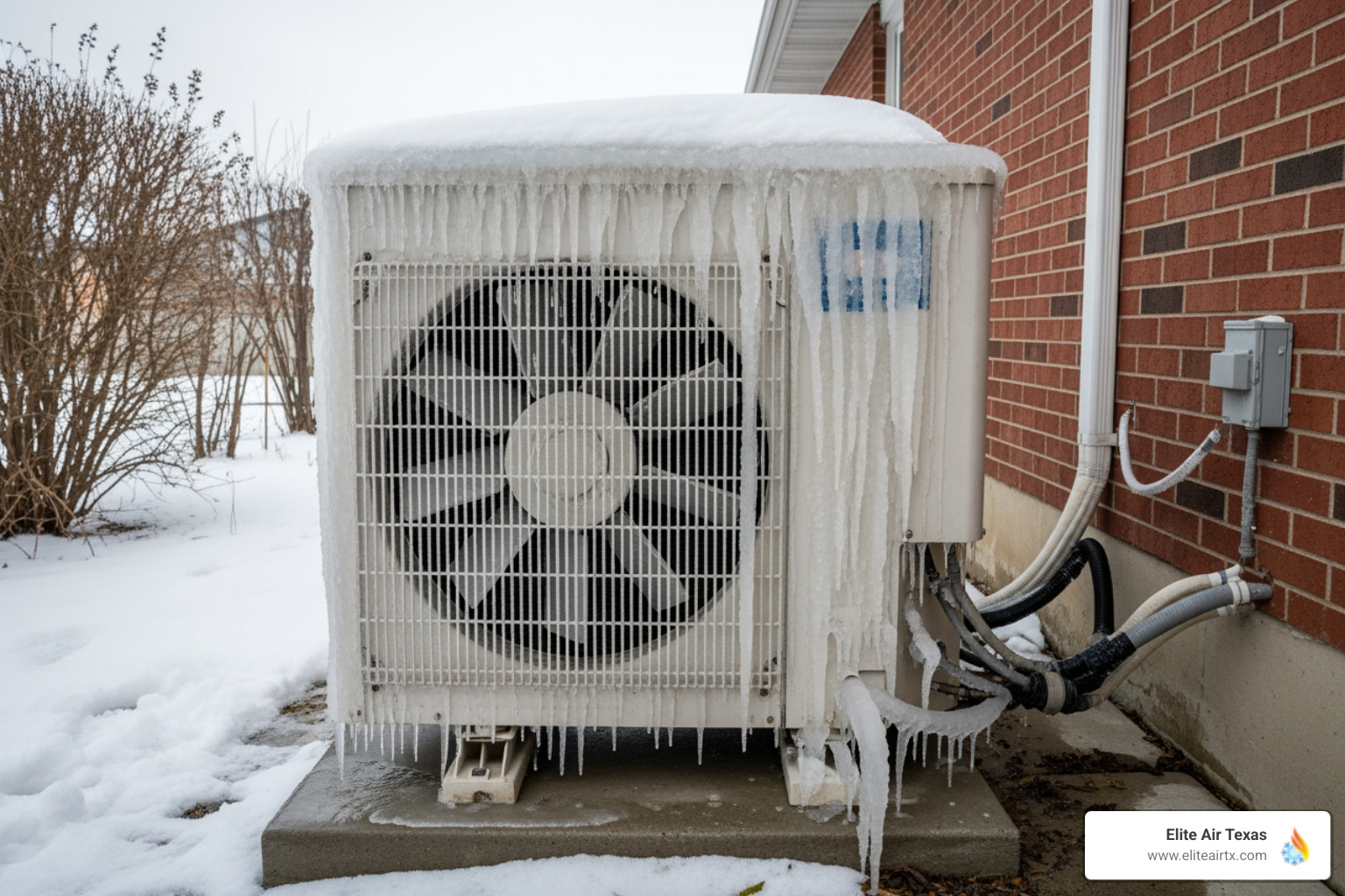 An outdoor heat pump unit is heavily covered in a thick layer of ice, indicating a malfunction in its defrost cycle or other serious operational issue - heat pump maintenance prosper