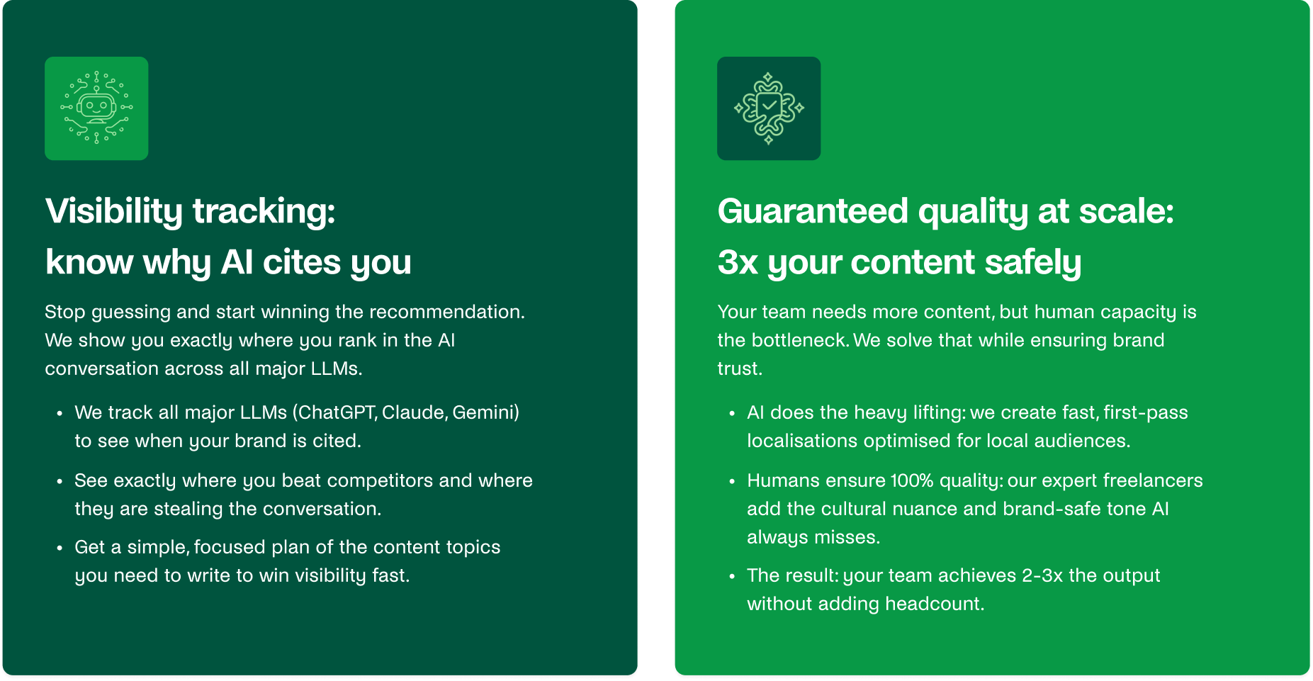 Diagram of Contentoo's complete content loop, detailing the two core features: AI Visibility Tracking to show how and why your brand is cited by major LLMs, and Guaranteed Quality at Scale, which uses AI for heavy lifting like localisation and expert humans for 100% quality and brand safety.