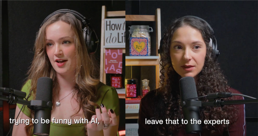 Split-screen of Nike and Penny recording Permission to Rant, captioned: “trying to be funny with AI” and “leave that to the experts.”