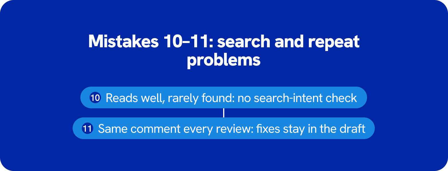 AI content workflow mistakes 10 and 11: content that is hard to find and problems that keep coming back