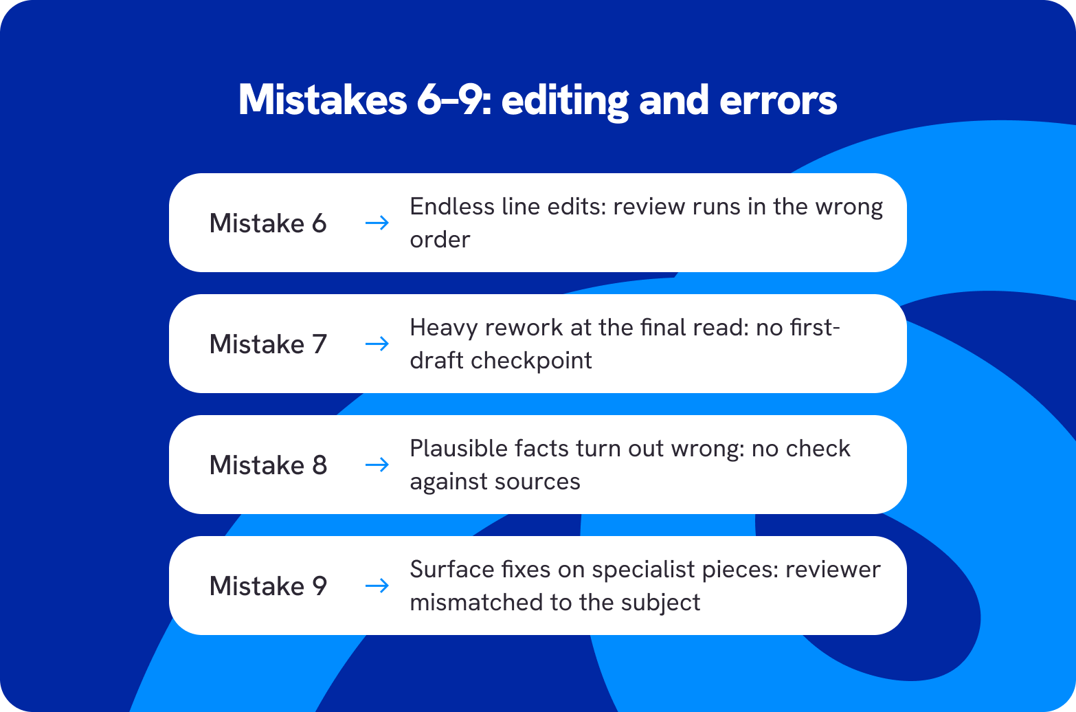 AI content workflow mistakes 6 to 9: editing that never finishes and errors that reach publication
