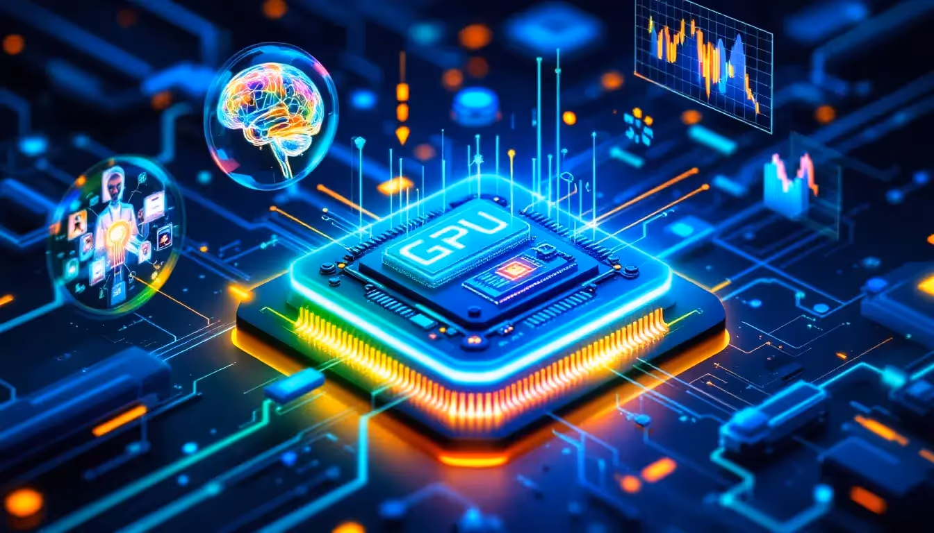 A collage of real-world applications of AI GPUs in various fields like healthcare and finance.