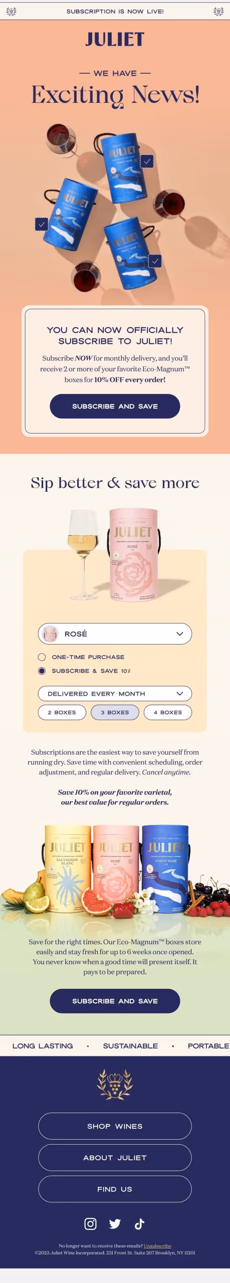 An image showcasing the email marketing creative for DrinksJuliet.com. The email features an enticing assortment of colorful and refreshing beverages. The image displays a variety of delicious drinks, including cocktails, mocktails, and smoothies, beautifully garnished with fresh fruits and herbs. The vibrant colors and presentation evoke a sense of sophistication and indulgence. The DrinksJuliet.com logo is prominently displayed, representing the brand's commitment to providing exquisite and innovative drink recipes. The email encourages recipients to visit DrinksJuliet.com to discover a wide range of beverage recipes, tips, and inspiration for creating delightful drinks at home.