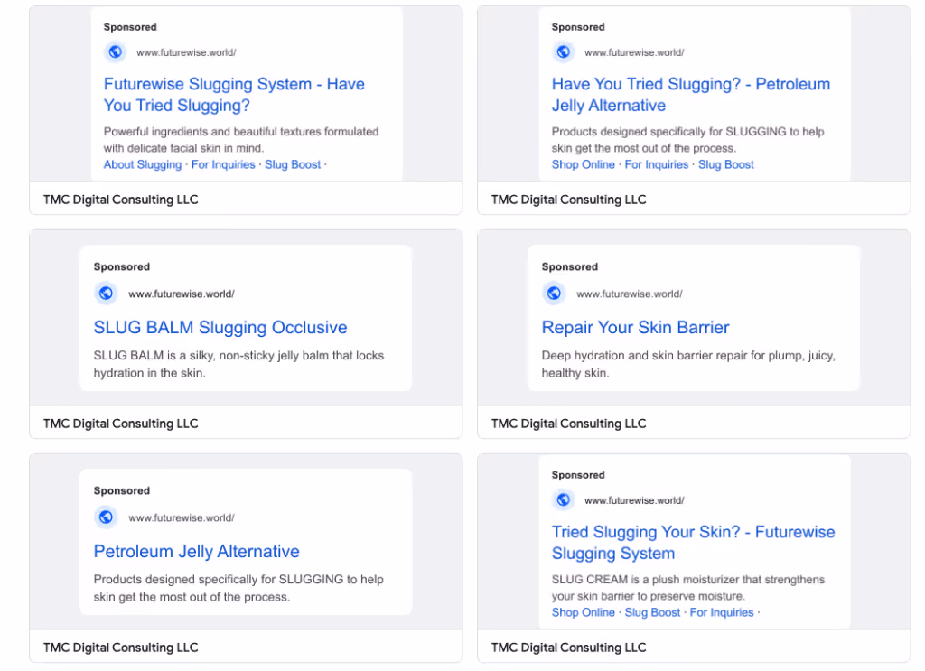 Screenshot of Google search results page displaying Google Ads. The top section of the page shows several sponsored listings labeled as 'Ads'. Each ad has a clickable headline in blue text followed by a description and a display URL. Additional ad extensions, such as site links and call buttons, are visible. The results vary based on the search query and may include images, product listings, or other relevant information
