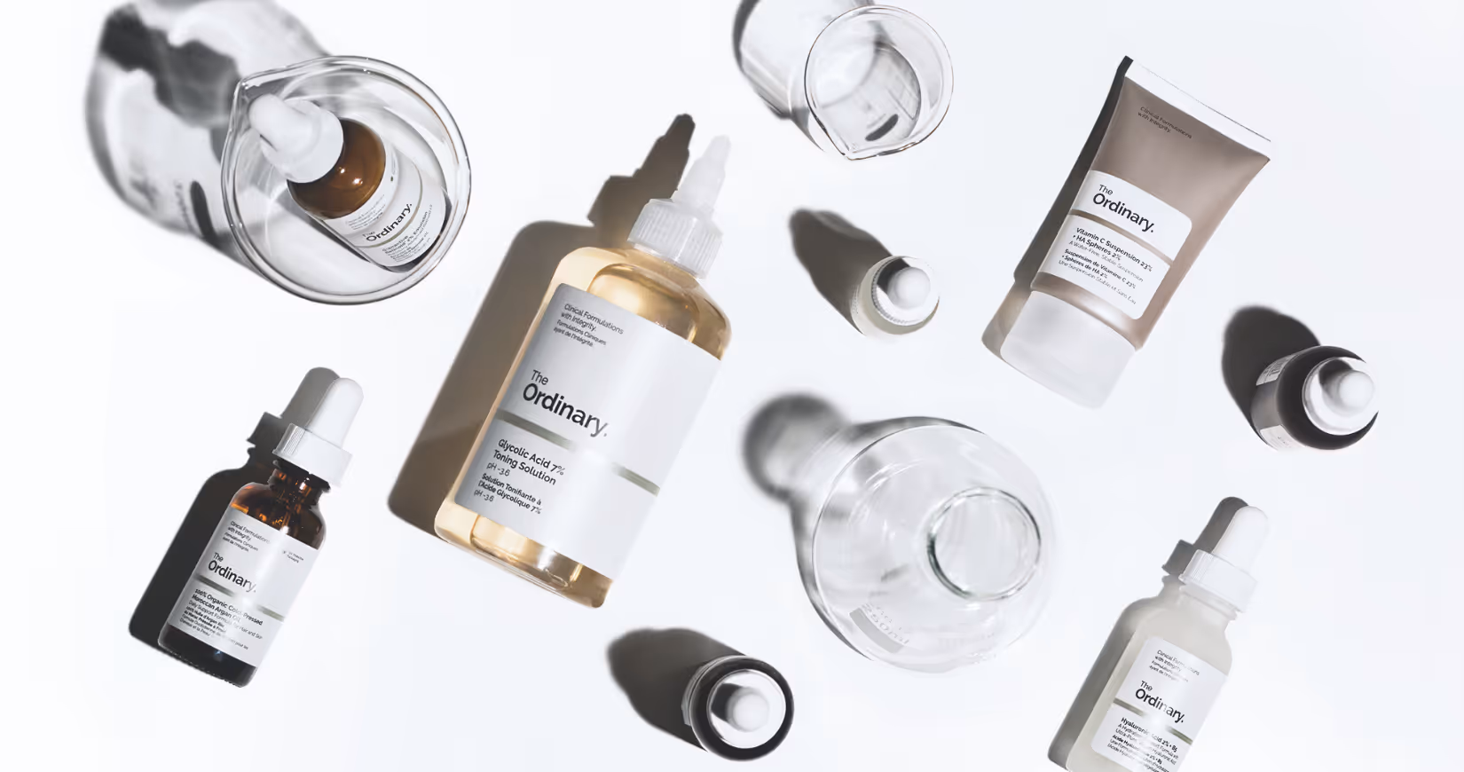 A diverse array of The Ordinary's science-backed serums, oils, and treatments with their straightforward packaging