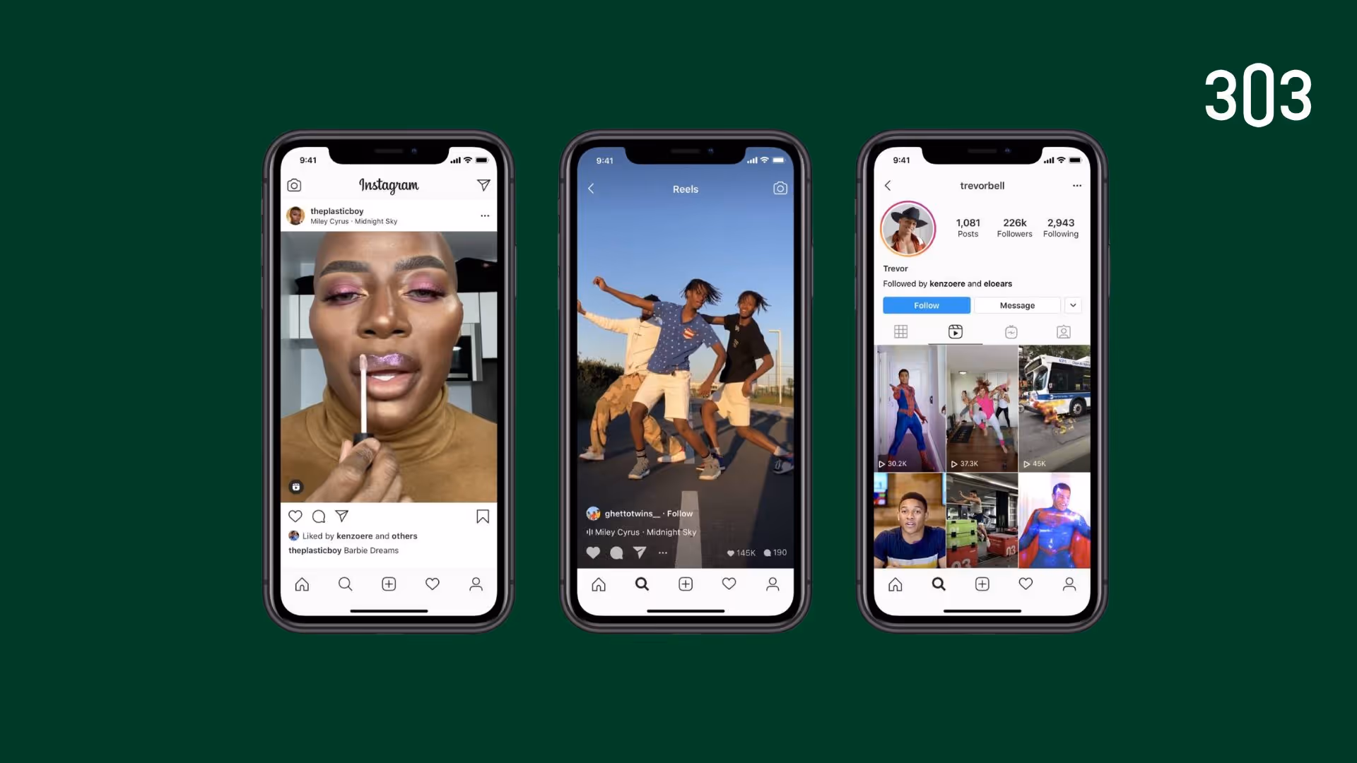 Instagram app showing a Reel with music, effects, and transitions