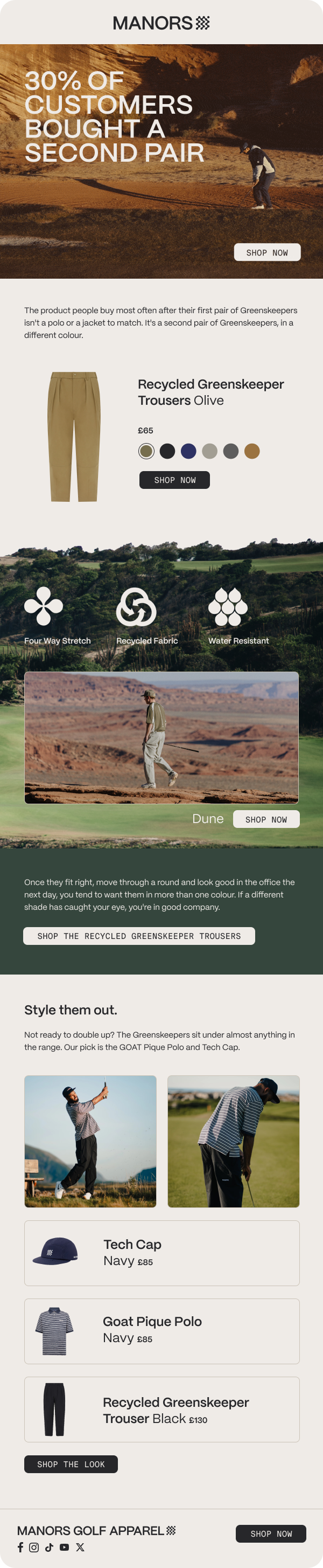 Manors Golf styling email redesigned by 303