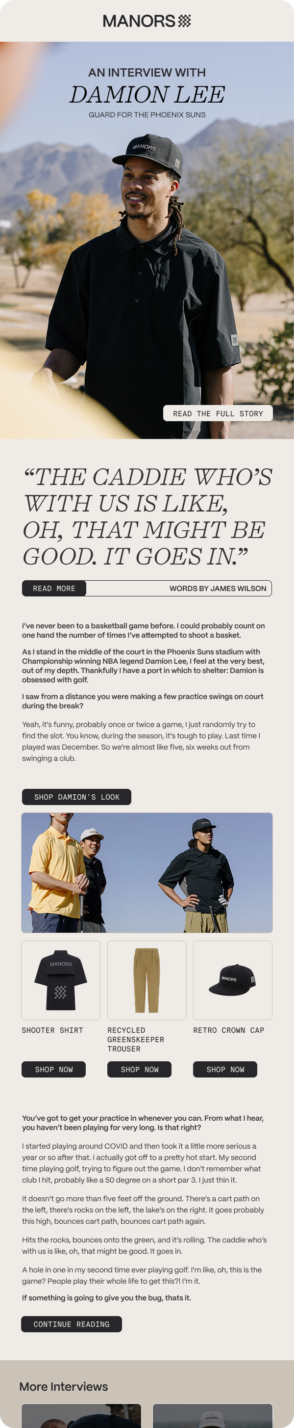 Manors Golf editorial email redesigned by 303