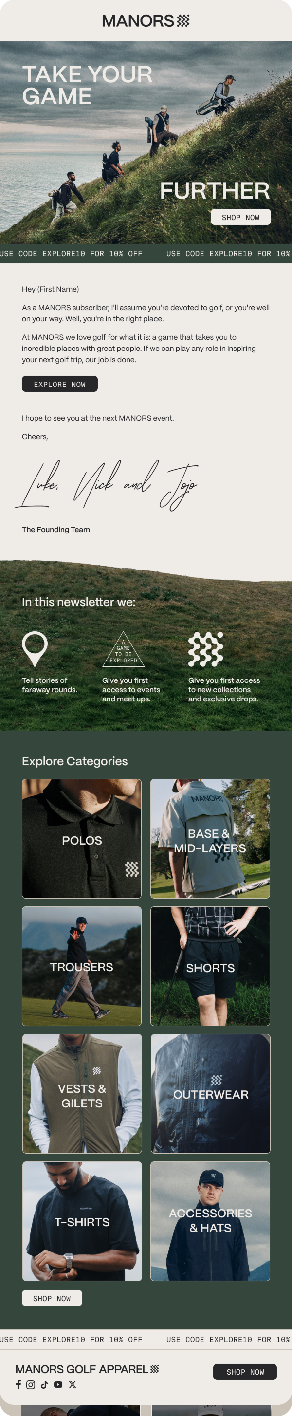 Manors Golf welcome email redesigned by 303