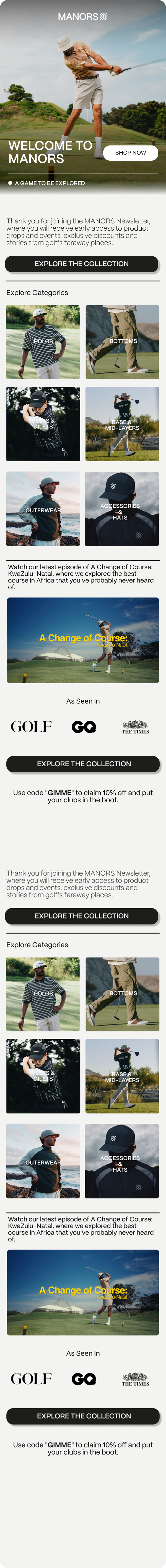 Manors Golf welcome email before redesign