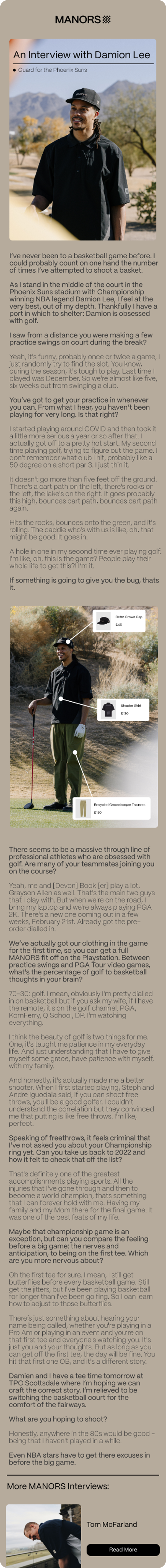 Manors Golf editorial email before redesign