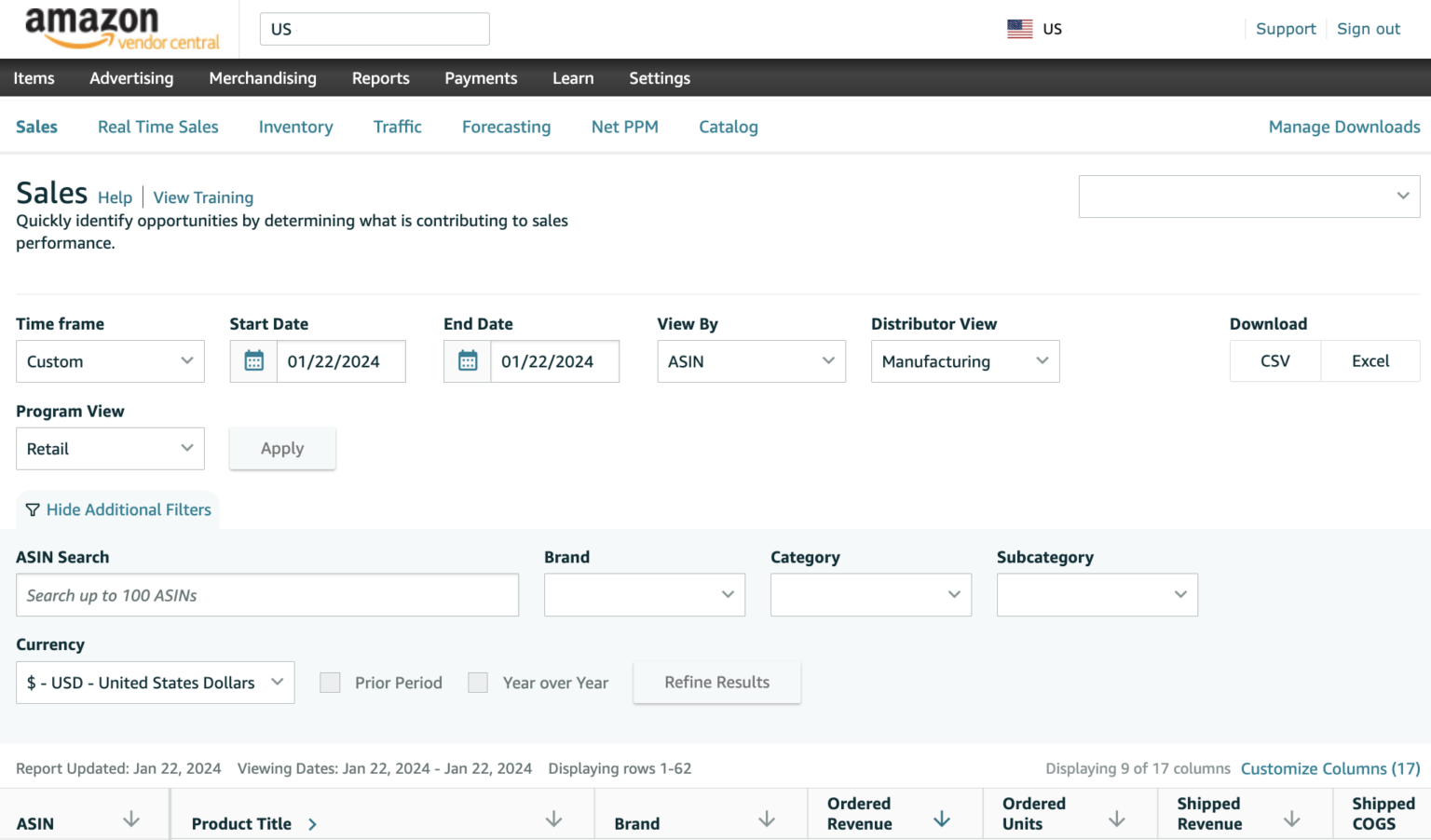 Amazon Vendor Central Dashboard