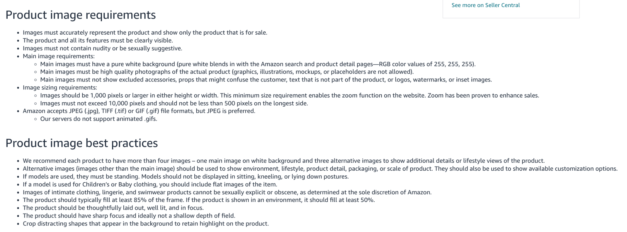 Amazon Seller Central main image requirements, showing the pure white background, 85% frame fill, and 1,000 pixel minimum specs