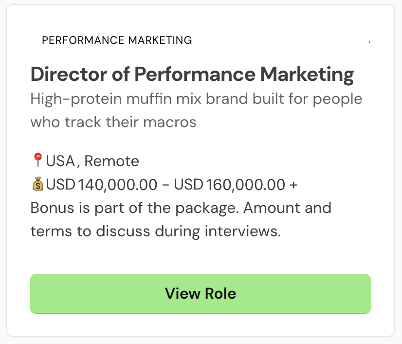 Constant Hire ecommerce jobs board posting for a Director of Performance Marketing at a protein muffin mix brand, band $140K to $160K, October 2026.