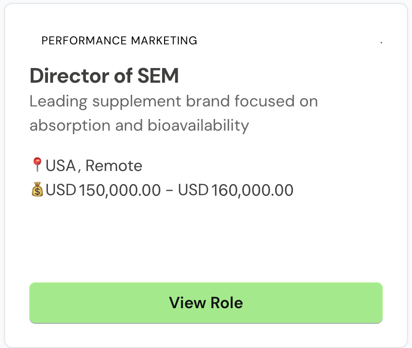 Constant Hire ecommerce jobs board posting for a Director of SEM at a supplement brand, band $150K to $160K, October 2026.
